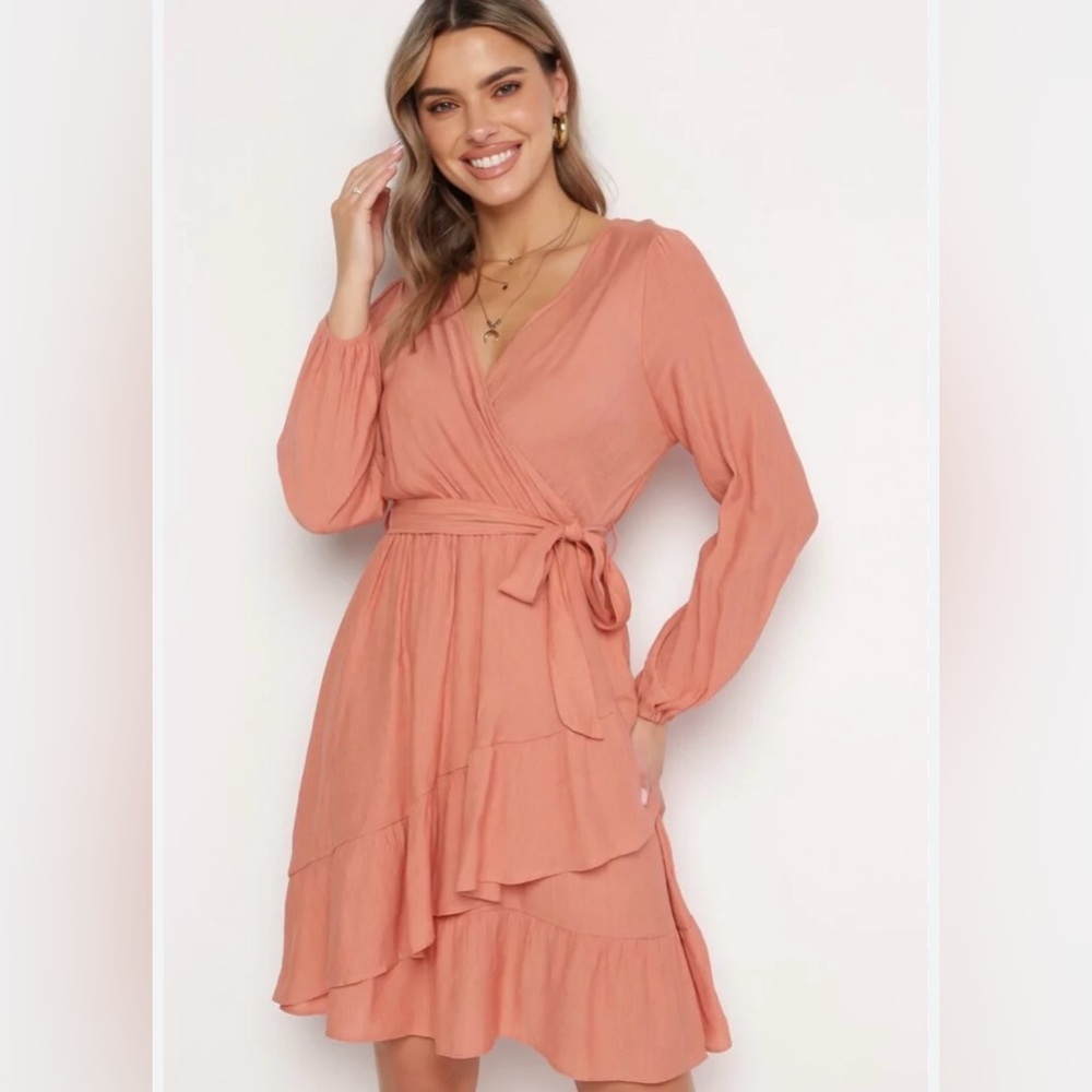 LC Lauren Conrad Coral Wrap Midi Dress with Tiered Ruffle Skirt size XSmall